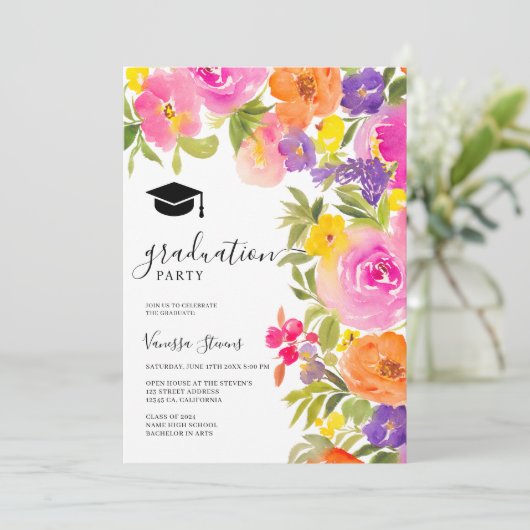 Boho levendige tuin waterverf bloemen afstuderen kaart (Staand voorkant)