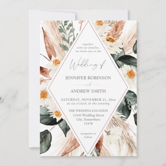 Boho LG Text Boho Copper Pampas Floral Wedding 3 Kaart (Voorkant)