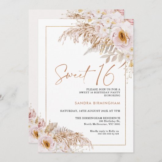 Boho Licht Blush Bloemen Pampas Grass 16e Verjaard Kaart (Voorkant / Achterkant)