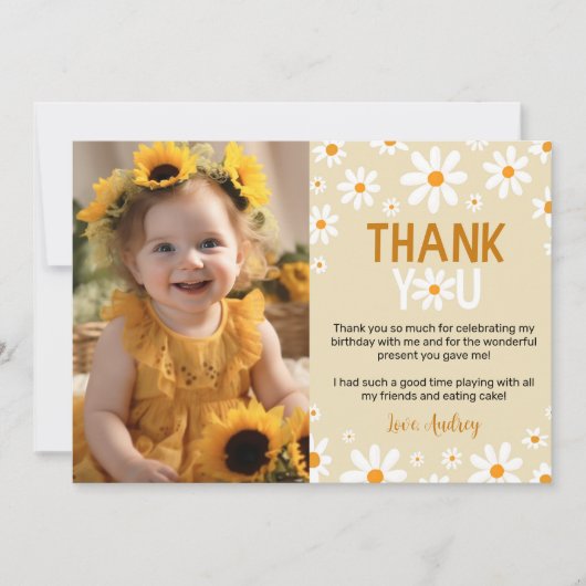 Boho licht Daisy 1e verjaardag foto dank u kaart (Voorkant)