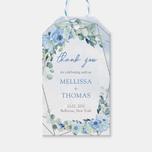 Boho lichtblauw bloemeucalyptus zilver lijst cadeaulabel (Voorkant)