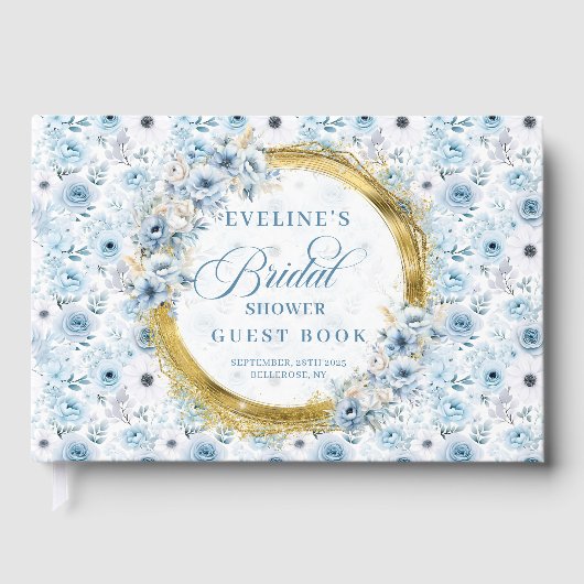 Boho lichtblauw goud glitter bloemen gastenboek (Voorkant)