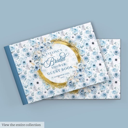 Boho lichtblauw goud glitter bloemen gastenboek