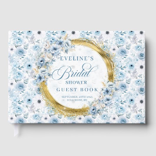 Boho lichtblauw gouden glinsterende bloemen gastbo gastenboek (Voorkant)