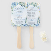 Boho lichtblauwe bloemeucalyptus en goud lijst handwaaier (Voorkant en achterkant)