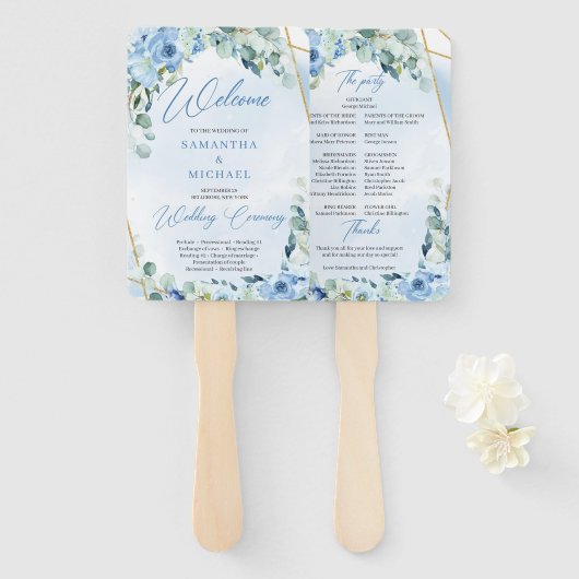 Boho lichtblauwe bloemeucalyptus en goud lijst handwaaier (Voorkant en achterkant)