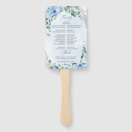 Boho lichtblauwe bloemeucalyptus en goud lijst handwaaier (Achterkant)