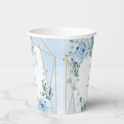 Boho lichtblauwe bloemeucalyptus en goud lijst papieren bekers (Rechts)