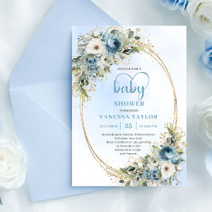 Boho Lichtblauwe Bloemige Groene Baby Shower Uitno Kaart