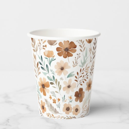 Boho Lichtbruine Bloem Papieren Bekers (Voorkant)