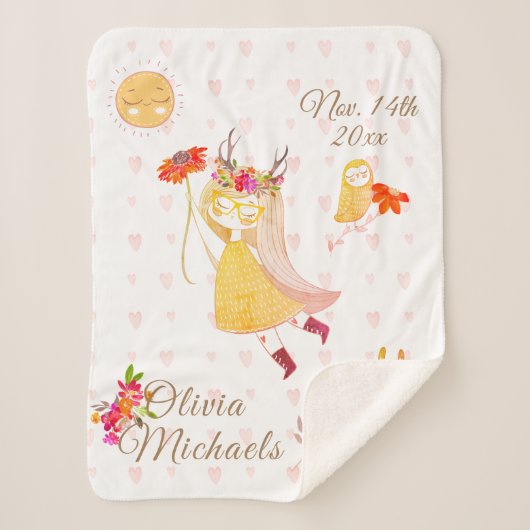 Boho Liefde Meisje Uil Konijn Datum Naam Sherpa Deken (Voorkant)