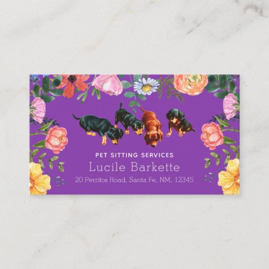 Boho Lieve Dachshond Huisdier Zitten Wilde Bloemen Visitekaartje (Voorkant)