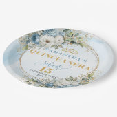 Boho Light Blue Floral Gold Glitter Custom Name Papieren Bordje (Gekanteld)
