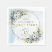 Boho Light Blue Floral Gold Glitter Quinceañera  Servet (Voorkant)