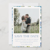 Boho Light Blue Waterverf Floral Photo Wedding Save The Date (Voorkant)