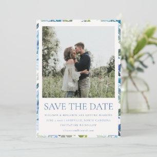 Boho Light Blue Waterverf Floral Photo Wedding Save The Date