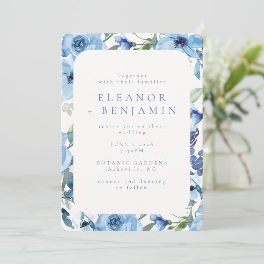 Boho Light Blue Waterverf Flowers Wedding Kaart (Staand voorkant)