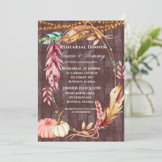 Boho Lights Pumpkin Rehearsal Dinner Invite Kaart (Staand voorkant)