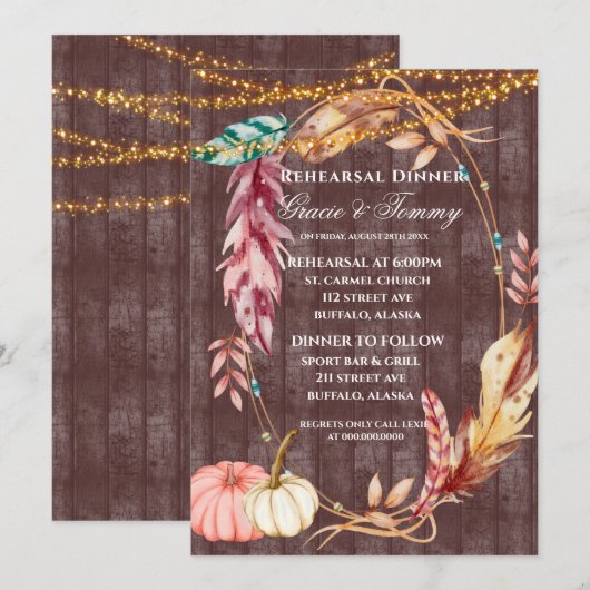 Boho Lights Pumpkin Rehearsal Dinner Invite Kaart (Voorkant / Achterkant)