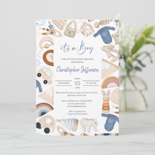 Boho lijst babyjongen kleding en speelgoed neutraa kaart (Staand voorkant)