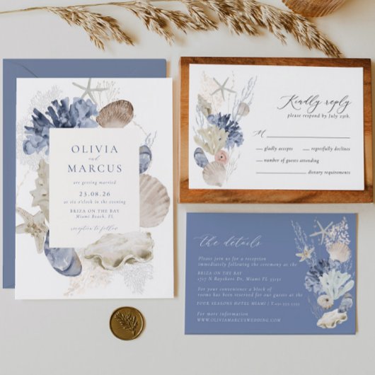 Boho Lijst Beach Shell Stoffig Blauw Foto Bruiloft Save The Date