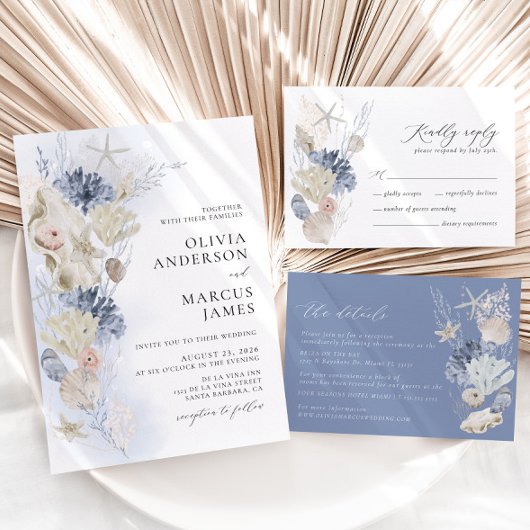 Boho Lijst Beach Shell Stoffig Blauw Foto Bruiloft Save The Date