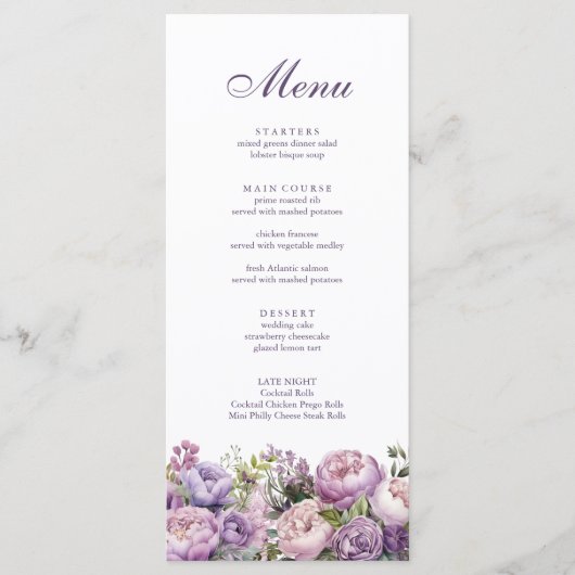 Boho Lila Bloemen Bruiloft Menu (Voorkant)