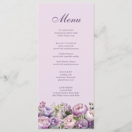Boho Lila Bloemen Bruiloft Menu (Voorkant)