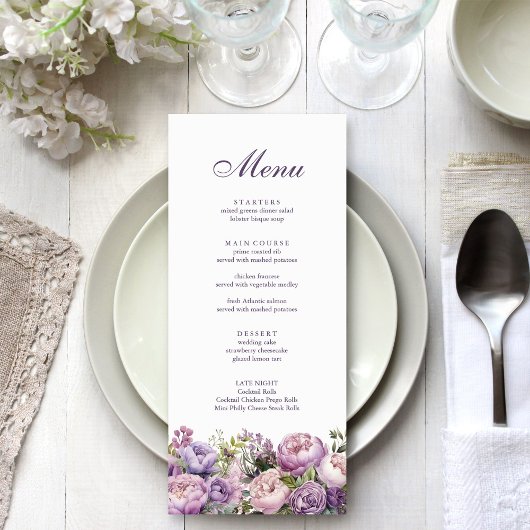 Boho Lila Bloemen Bruiloft Menu