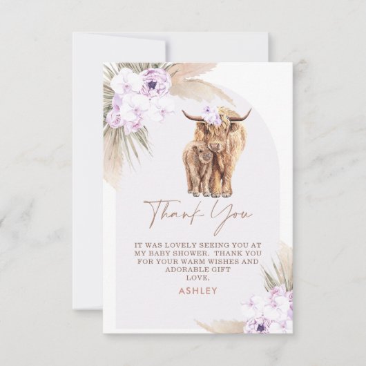 Boho Lila Bloemenboog Highland Koe Baby shower Bedankkaart (Voorkant)