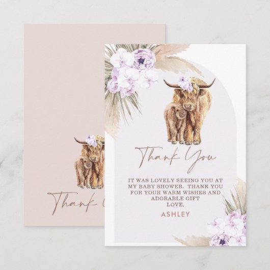 Boho Lila Bloemenboog Highland Koe Baby shower Bedankkaart (Voorkant / Achterkant)