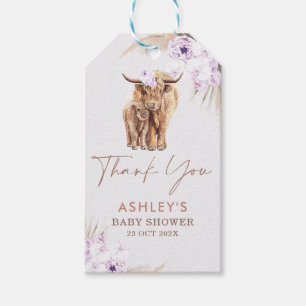 Boho Lila Bloemenboog Highland Koe Baby shower Cadeaulabel