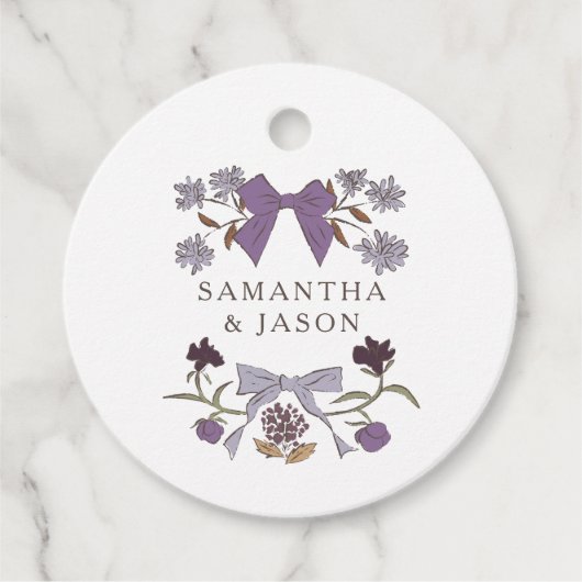 Boho Lila Bow Bloemen Huwelijksgunst Labels (Voorkant)