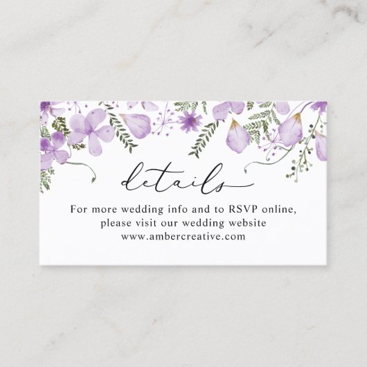 Boho Lila bruiloft Website Details Enclosure Kaart Visitekaartje (Voorkant)