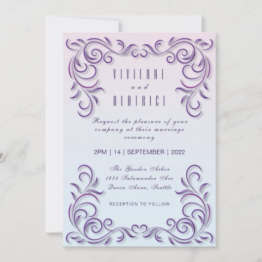 Boho lila decoratieve lesbische bruiloft kaart (Voorkant)