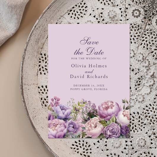 Boho Lila en Paarse Pioenrozen Bewaar de Datum Kaa Save The Date