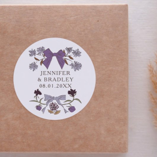 Boho Lila linten Bloemen Huwelijksgunst Ronde Sticker