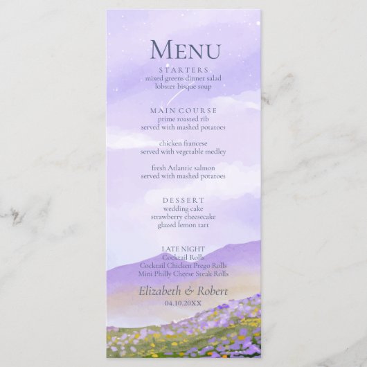 Boho Lila Nacht Berglandschap Bruiloft Menu (Voorkant)