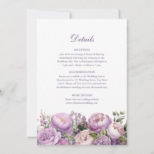 Boho Lila pioenen bruiloft details Kaart (Voorkant)