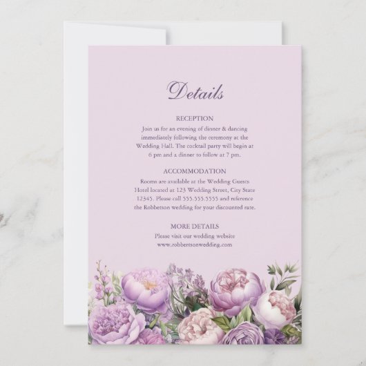 Boho Lila pioenen bruiloft details Kaart (Voorkant)