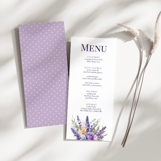 Boho Lila Waterverf Wildflower Wedding Menu Kaart