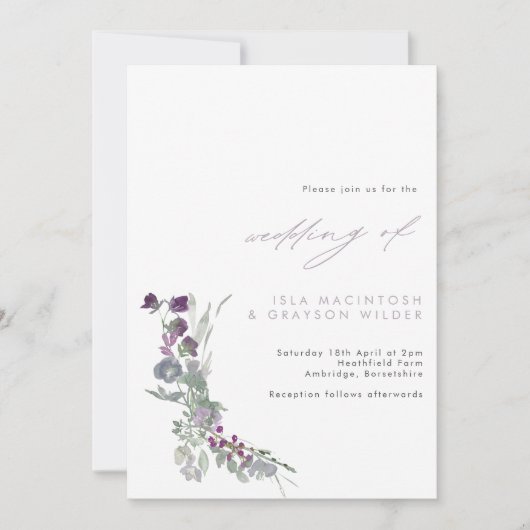 Boho Lila Wild Flowers Wedding Invitation Kaart (Voorkant)