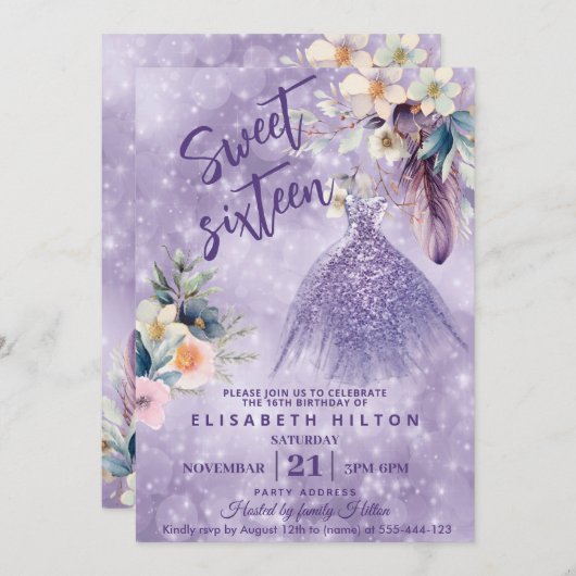 Boho Lila wilde bloem Glitter jurk zoet zestien Kaart (Voorkant / Achterkant)
