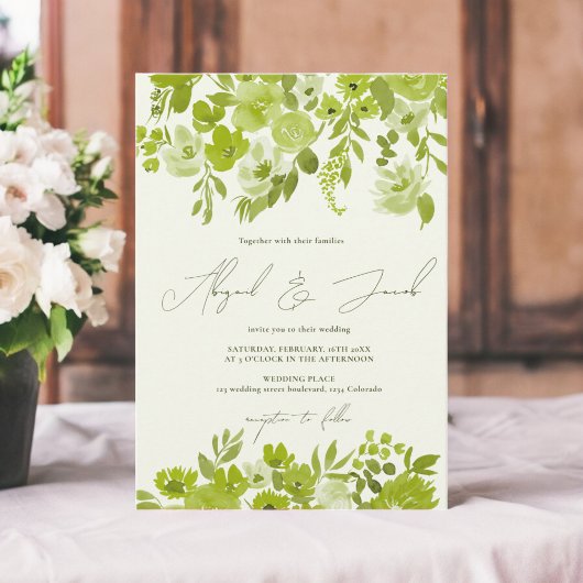 Boho lime groene hand geschilderd bloemenbruiloft kaart