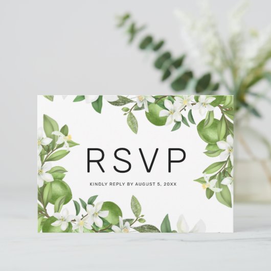 Boho Limoen Wit Bloemen Groen Bruiloft RSVP Kaart (Staand voorkant)