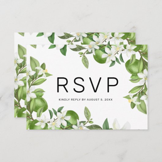 Boho Limoen Wit Bloemen Groen Bruiloft RSVP Kaart (Voorkant / Achterkant)