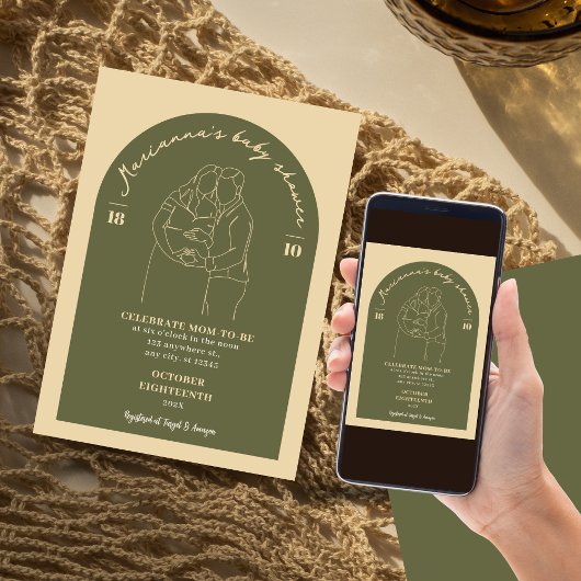 Boho Line Green Art Baby shower minimalistisch Kaart