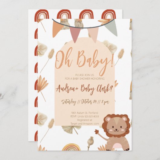 Boho Lion Baby shower Invitation Kaart (Voorkant / Achterkant)