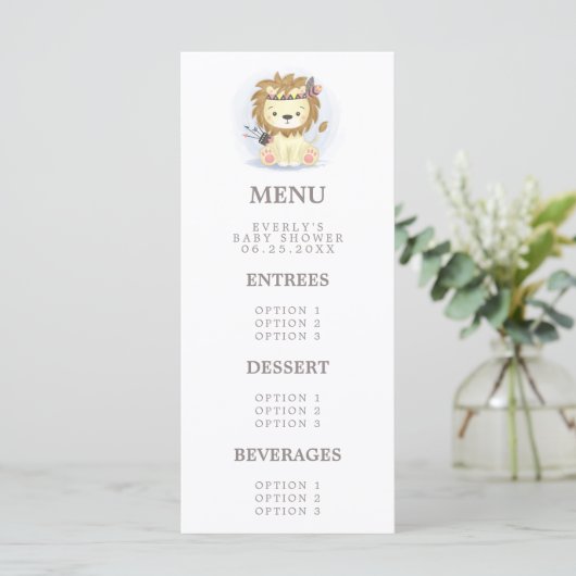 Boho Lion Tribal Waterverf Baby shower Menu (Staand voorkant)
