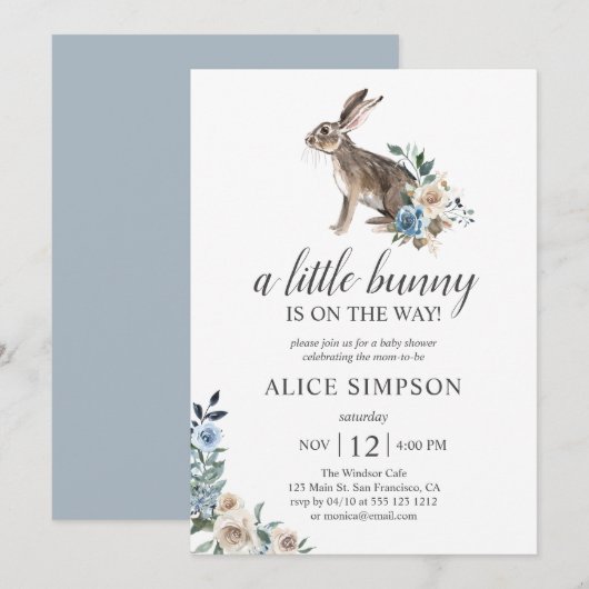 Boho Little Bunny Dust Blue Flowers Baby shower in Kaart (Voorkant / Achterkant)